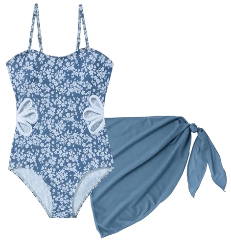 Image of SEAUR Girls Cut Out One Piece Swimsuit with Cover Up Skirt Bathing Suit Swimwear 7-16 Years