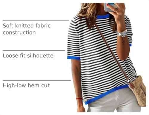Image of Dokotoo Womens Tops 2026 Casual Summer Crewneck Short Sleeve Striped Color Block Knit High Low Trendy Pullover Sweaters