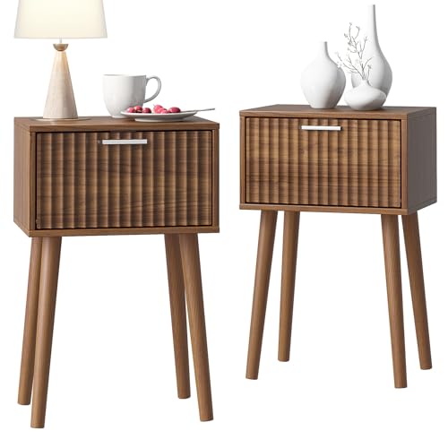 LAATOOREE Nightstands Set of 2, Small Fluted Side Table, Bedside Table with Solid Wood Feet; Modern Mid-Century End Table for Bedroom, Small Space
