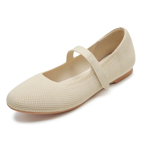 ATHMILE Mary Jane Shoes Women Round Toe Knit Ballet Flats Shoes for Women Comfortable Dressy Washable Adjustable Strap for Work Office Casual Nude