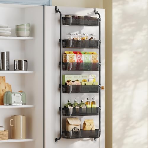 Image of SONGMICS Over-the-Door Pantry Storage Organiser, 6-Tier Door-Hanging Spice Rack with Adjustable Tall Baskets, Space-Saving, for Kitchen Bedroom Bathroom Laundry Room, Transparent Black KCS046BH01