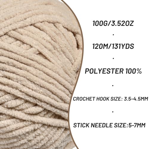 Image of 3 Packs Plush Chenille Chunky Crochet Yarn - Baby Yarn for Crocheting Soft - Velvet Yarns Knitting for Blankets Crafts - Fluffy Amigurumi Yarns 300g / 393yd (3 Light Khaki)
