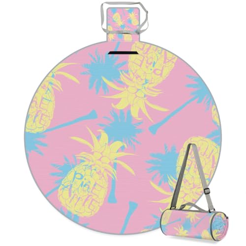 Shimoshe Abstract Tropical Pineapple Picnic Outdoor Blanket Foldable Waterproof Sandproof Beach Blanket Portable Water-Resistant Round Picnic Mat for Travel Camping Park Lawn