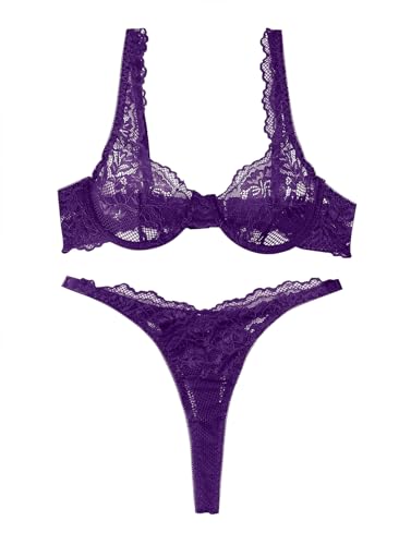 Image of Lilosy Sexy Floral Lace Scallop Underwire Push Up Sheer Lingerie Set Outfits