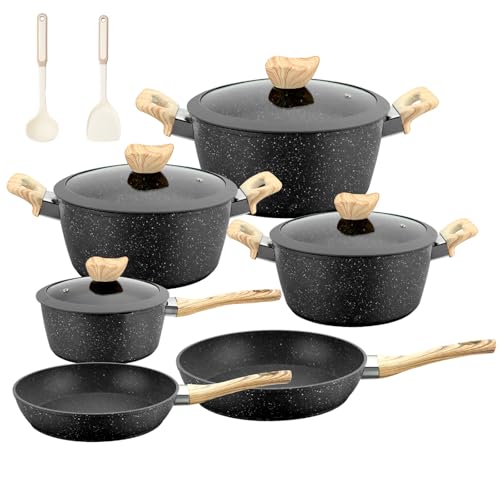 Kitchen Topfset Induktion Kochtopf Set: 12 Teilige Granit Antihaft Topfset und Pfannen Set PFOA und PFOS Freie Perfekt für Anfänger und Profiköche (Schwarz)