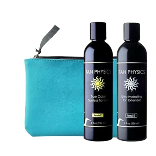 Tan Physics Sunless Tanner 8oz with Extender & Makeup Bag – Self Tanning Lotion – Instant Tanning Lotion for Face & Body – Natural Self Tanner for a Streak-Free, Long-Lasting Glow