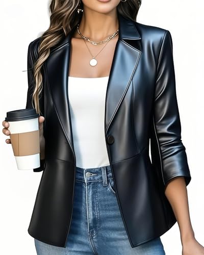 Women Fake Faux Blazer Leather Dress Suit Jacket Coat...