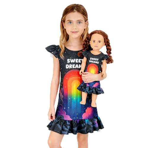 GRPSKCOS Girls Nightdress Girls' Nighties Doll & Girl Matching Butterfly Nightie Mermaid Nightshirts Rainbow Sleepwear Short Sleeve Pyjamas Princess Dress Nightgown(04 Rainbow, 6-7 Years)