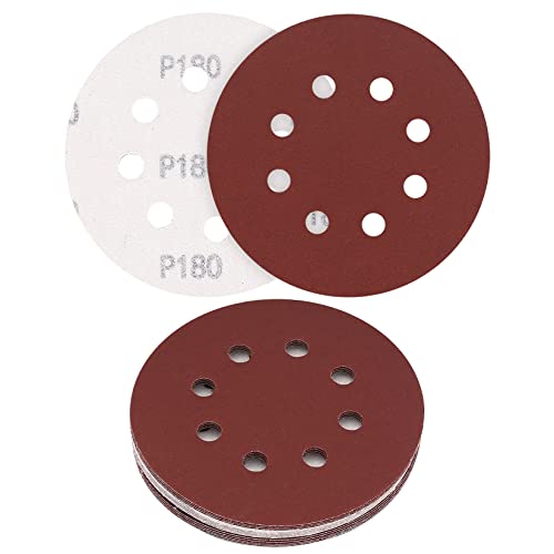 15 Pièces Disques Abrasifs 125 mm/5 Pouces, Disque de Ponçage Grain 180, Papier Abrasif 8 Trous, Feuilles Abrasives pour Ponceuse Orbitale Aléatoire Murale Cover
