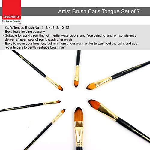 Image of Isomars Cat's Tongue Paint Brush Set - Set of 7 Artist Brushes for Acrylic, Watercolor, Oil & Blending Techniques - Ideal for Smooth Strokes, Detailing & Shading