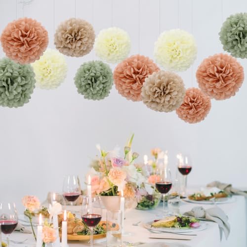 Image of BestoFun 16 PCS Beige Sage Green Tissue Pom Poms Paper Flowers Decorations Natural Green Boho Hanging Decor for Girl Groovy Birthday Baby Shower Wedding Bachelorette Room Wall Hanging Decor