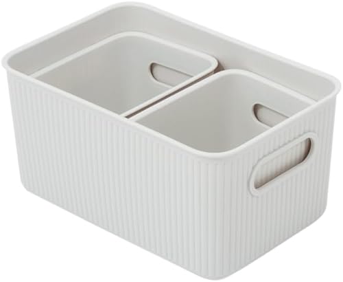 Superio Cesta decorativa de plástico para almacenamiento para el hogar, color humo blanco (juego de 3) 1 mediano, 2 cajas pequeñas para organizar el