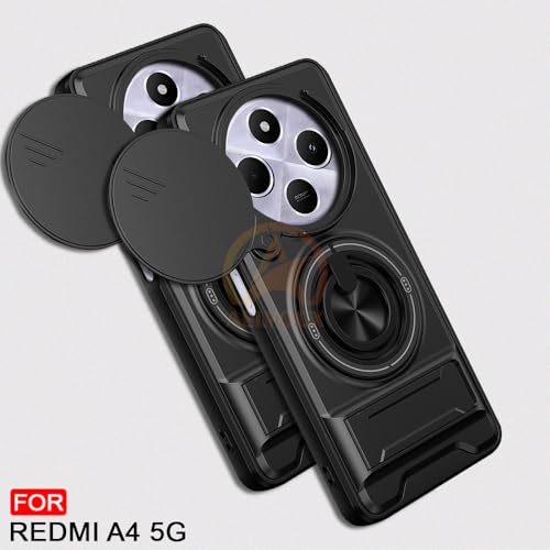 Image of Redmi A4 / 14C / C75 5G / M7 5G Back Cover | Armor Camera Slider 360 Degree Rotating Finger Ring Holder Case with Bracket Stand Back Case Cover (Compatible with MagSafe Accessories) (Black)