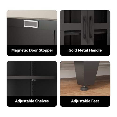 Image of COFaR 71 inch Tall Metal Storage Cabinet with Glass Doors and Shelves, Black | 71-inch metal pantry cabinet with 5-tier storage, 4 adjustable shelves, square-grid glass doors, and black handles