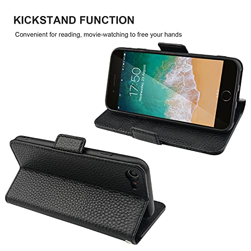 Bocasal Wallet Case For Iphone Se(2022)/Se(2020)/8/7, Genuine Leather Support Wireless Charging Rfid Blocking Flip Case Card Holder, Kickstand Folio Cover With Wrist Strap 4.7 Inch (Black) #TOP4