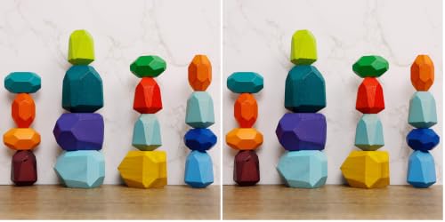 Image of Cllayees 16 Pcs Wooden Stacking Blocks Rocks Building Toys, Colored Solid Wood Stones Pre-School Educational Games Creative Toys for Kids Toddlers (Pack of 2)