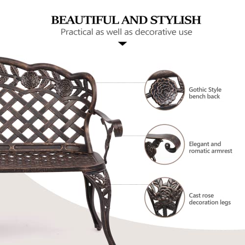 Image of VINGLI 42.5 inch Patio Garden Bench Outdoor Metal Rose Loveseat, Cast Iron Cast Aluminium Frame Antique Finish Park Chair, Accommodates 2-3 People