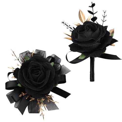 XIANYAGE 2Pcs Corsage and Boutonniere Set Rose Wrist Corsage Wristlet Band for Wedding Flowers Prom Party Homecoming Decoration (Black)