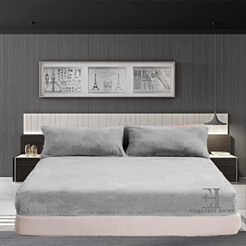EXQUIZIT HOME® Teddy Fleece Extra Deep Fitted Bed Sheet 30cm – Super Soft Warm and Cosy Teddy Bear Fleece Bed Sheet – Ultra Soft Thermal Winter Bedding (Silver Double – 135cm x 190cm)