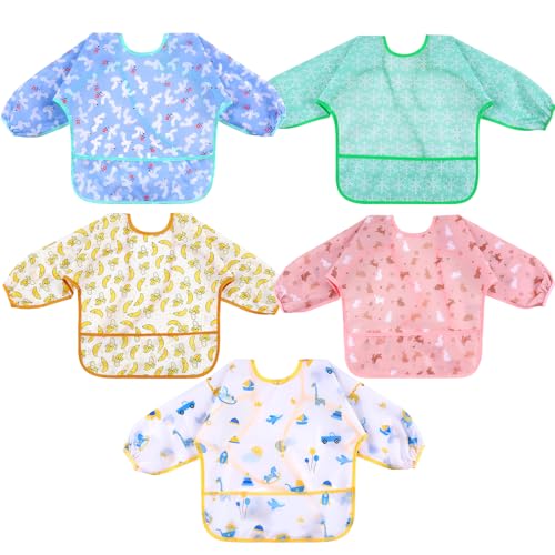 Image of Lictin Long Sleeve Bibs 5 Pack - Baby Bibs, Waterproof Toddler Bibs, Baby Smock for Eating, Baby Bibs for Feeding Teething