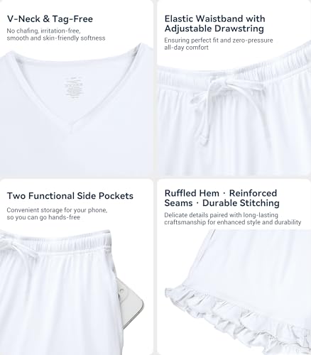 Image of WiWi Womens Pajamas Set Bamboo Viscose Super Soft Short Sleeve Top Ruffle Shorts Sleepwear Cooling Pj Sets S-XXL
