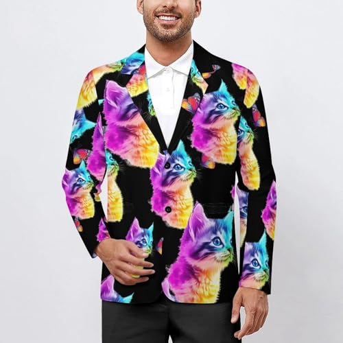 Colorful Cat with Butterfly Men's Slim Suit Long-Sleeve Prom Tuxedo Classic Two Button Business Jacket2