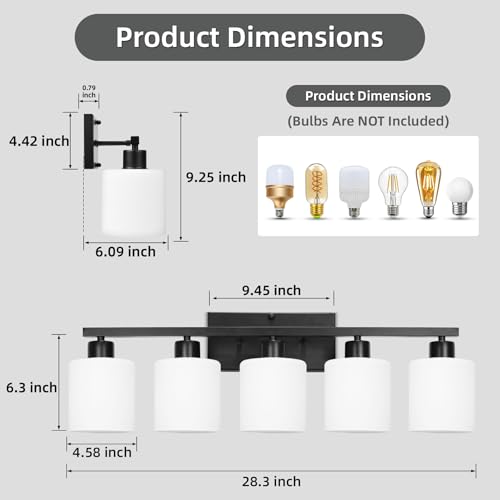 Image of SILAMPDI Black Bathroom Light Fixtures Over Mirror, 5-Light Vanity Lights for Bathroom, Modern Wall Sconces Lighting for Bedroom Living Room, Milky White Glass Shades, E26 Base, Bulbs Not Included