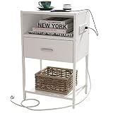 LDTTCUK Nightstand with Charging Station, Modern End Table with Drawer, White Bedside Table with Ope