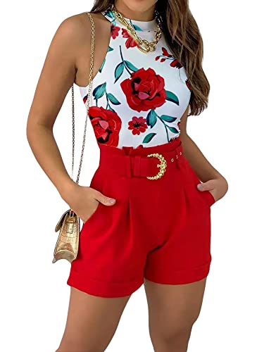 YILEEGOO Women's 2 Piece Outfits Floral Cami Tank Top Vest with High Waist Belted Shorts Set Romper Short Jumpsuit (Red, S)