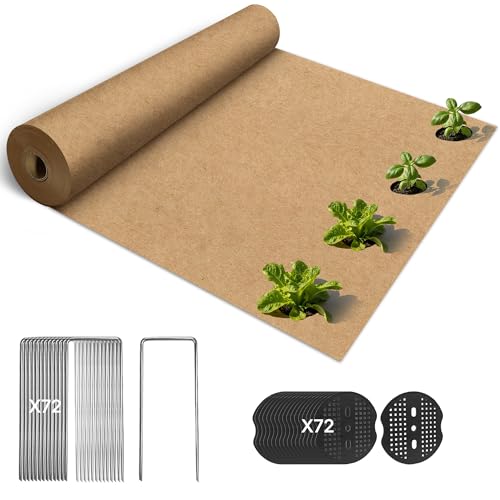 120 x 3 Ft Biodegradable Paper Weed Barrier Garden Paper Weed Barrier with U-Shaped Ground Nails Biodegradable Landscape Fabric Weedguard Plus Paper Mulch for Weed Control & Holds Soil Moisture