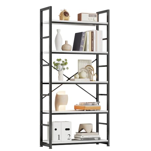 VERMESS 32 Inch Industrial Book Shelf, 5-Tier Display Bookshelf for Living Room Bedroom, Shelving Unit Wood Bookcase with Open Shelves, Metal Frame, White by VERMESS - Used condition - US$98.13