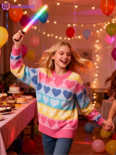 Image of WELAKEN Girls Sweater Colorful Patterned Crewneck Long Sleeve Knit Pullover