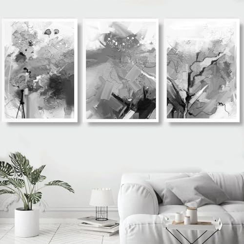 Texture abstraite en noir et blanc KEBIA set de 3 toiles d'art moderne géométrique 20x30 cm