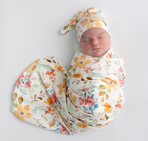 Image of Newborn Baby Girl Receiving Blanket Swaddle Blanket Stretchy Knit Swaddle Set with Matching Headband and Beanie (Orange and Pink Floral)