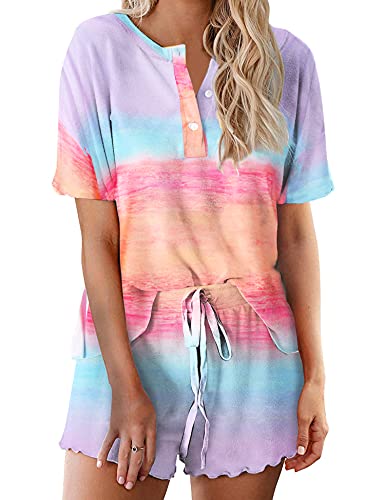 Image of Ekouaer Pajamas Set for Women Short Sleeve Lounge Set 2 Piece Loungewear PJs Soft Cute Lightweight Sleepwear
