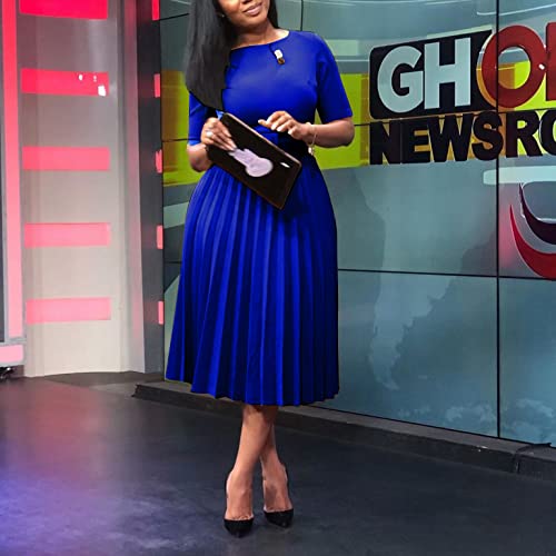 VERWIN Short Sleeve Round Neck Women's Maxi Dress Pleated Plain Belt Dress2