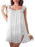 Vicarly Sexy Split Side Lace Ruffle Bows Mesh Sheer Babydoll Lingerie Dress with Thong Set 2 Piece Women See Through Chemise Negligee Nightgown White Medium