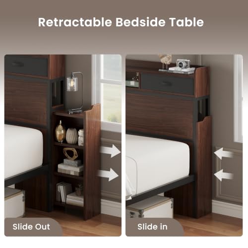 Image of LIKIMIO Queen Bed Frame with Storage & 4 Drawers & 2 Nightstands Walnut | Slide Out Bedside Nightstands, Storage Shelf, Charging Station, No Box Spring Needed, Easy Assembly, Mid-Century Modern