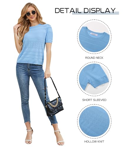 Image of 2024 Summer Women's Short Sleeve Kint Top Crew Neck Casual Ribbed Sweater Loose Textured Pullover Sweaters Tops