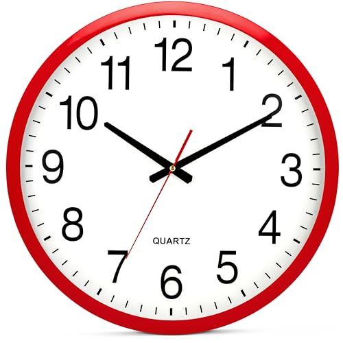 Image of Bernhard Products Red Wall Clock Silent Non Ticking - XL 18 Inch Quality Quartz Battery Operated Round Easy to Read Home /Office /Classroom /School Clock