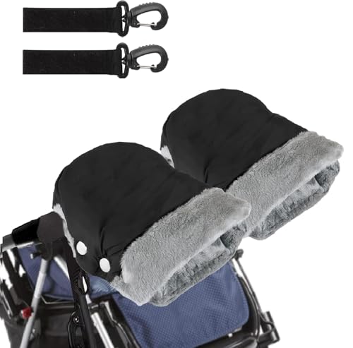 Medo Pram Hand Muff, Stroller Warmer Gloves with 2 Pcs Pram Hooks, Thick Plush Pushchair Gloves, Waterproof and Windproof Baby Pushchair Hand Muff for Baby Carriage Trolley Bike