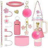 Velaco 11 PCS Accessories for Stanley Cup, Water Bottle Handle Strap for Stanley 30/40 oz tumbler with handle, including Straw Toppers, Silicone Cup Boot, Keychain Charms - PINK