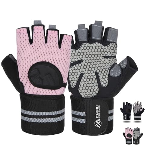 Flexi Muscles - Gym Gloves for Working Out with Wrist Support Exercise Gloves for Weight Lifting Cycling and Gym. Breathable Lifting Gloves for Men and Women (Pink X-Large)