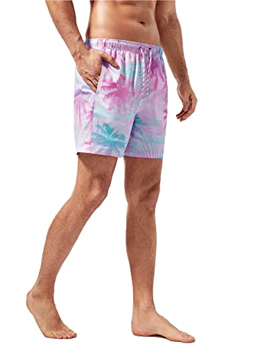 Verdusa Men's Tropical Print Drawstring Waist Swim Trunks Board Shorts With Pockets Pink And Green L #TOP2