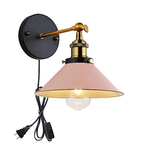 Image of ANYE Wall Sconces with UL Plug-in Button Black Cord Retro Minimalist Style Macaron Pink Iron Lampshade Decor Lights Fixtures for Loft Cabinet Kitchen Hotel Bulb Sold Separately