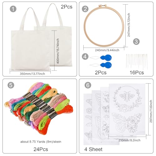 Image of GLOBLELAND Canvas Tote Bag Embroidery Kit with 2 Pcs Storage Bag 1pc Embroidery Hoop 18 Pcs Embroidery Needles 4 Sheets Bee Butterfly Water-Soluble Embroidery Stabilizers 24 Pcs Threads
