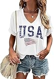 USA Flag V-Neck Shirt Women Star and Stripes Graphic Tee Red White and Blue Short Sleeve T-Shirt Summer Patriotic Tops(L,White-D)