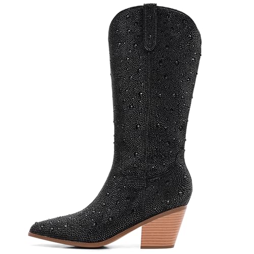 Image of Cowgirl Ankle Boots Cowboy Boots for Women Western Booties Rhinestone Chunky Heel Fashion Comfortable Side Zipper