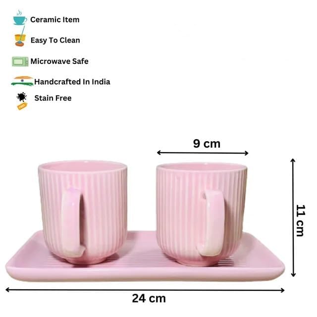 Image of Premium Ceramic Coffee Mug Set with Tray | Mugs 300 ml (Set of 2) with Matching Serving Tray | Modern Stoneware Cups | Ideal for Tea, Coffee & Gifting (Pink)