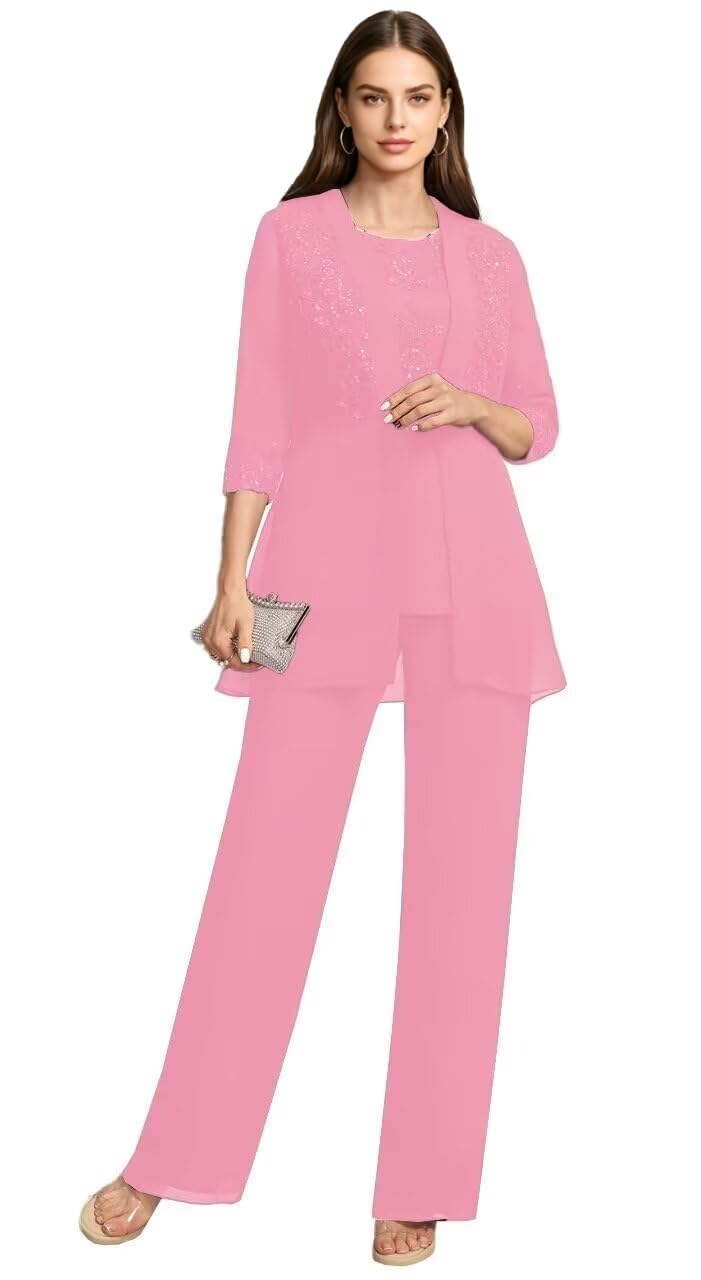 3 pezzi Madre della Sposa Pantaloni Abiti per Matrimonio Chiffon Pizzo Appliques Formale Matrimonio Guest Outfit con Giacca, Rosa polvere, 54 Di Più